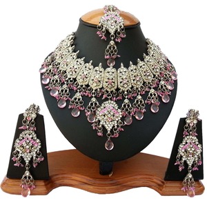 Vintage Pink Crystal <b>Tassel</b> Necklace <b>Earring</b> Headpiece Set Women's Alloy Jewelry Engagement Wedding Bridal Party Gift Gold - Product Image 2