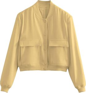 Chaqueta Bomber Corta para Mujer, Color Sólido, Cuello Alto, Manga Larga, Cierre de Botones, Ropa Exterior Informal, Bolsillos con Parches - Product Image 1
