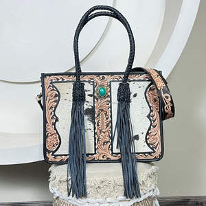 Nuevo Bolso de Mano de Diseñador de Gran Capacidad, Bolso de Hombro de Cuero Repujado a Mano, Bolso Tote de Lujo para Mujer con Piedra Turquesa y Flecos - Product Image 4