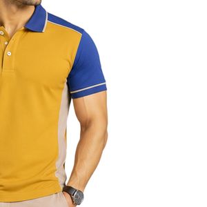 Polo homme jaune moutarde premium avec manches et empiècements d'épaule contrastants bleu roi, logo personnalisé, vêtements de sport, golf, décontracté - Product Image 4