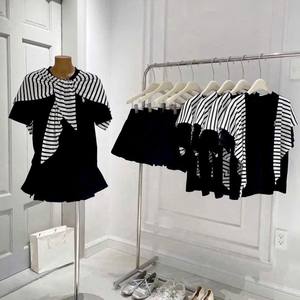 Conjunto de Dos Piezas para Mujer, Vestido Mini Negro con Chal a Rayas y Lazo, Atuendo Casual a la Moda - Product Image 4