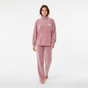 Conjunto Deportivo de Felpa Rosa para Mujer, Sudadera con Cierre de Media Cremallera y Bolsillo, Pantalones Holgados, Ropa de Casa para Invierno, Color Sólido, Estilo Casual - Product Image 3