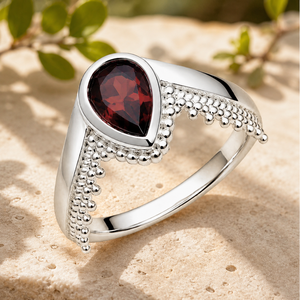 <b>Garnet</b> 925 Sterling <b>Silver</b> Women's Engagement <b>Ring</b>-Pear-Cut Bezel Stone with Beaded Detailing Trendy Design - Product Image 3