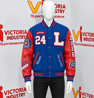 Veste universitaire en laine véritable bleue et rouge pour homme avec manches en cuir et patchs en chenille, veste bomber style universitaire
