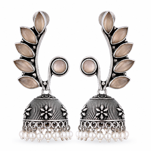 Monalisa Stone Antique <b>Silver</b> Plated Brass <b>Dangle</b> Jhumka <b>Earrings</b> with Lovers Design for Women Party Wear Trendy Style - Product Image 1