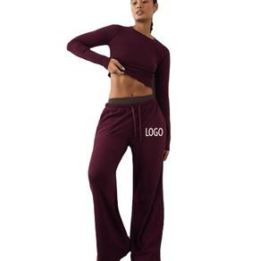 Pantalones de chándal personalizados para mujer con doble cintura, OEM/ODM, casuales, con cordón, cintura elástica, de lona, de pierna ancha, estilo jogger, de talla grande - Product Image 1