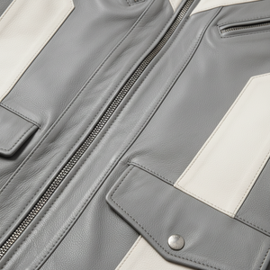 Chaqueta de Cuero para Motociclista Blanca y Gris Personalizada para Hombre, Cuero Genuino, Fabricante OEM, Proveedor Mayorista - Product Image 2