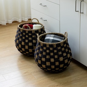 <b>Round</b> Checkered Seagrass Storage <b>Basket</b> with Handles Handmade Storage <b>Basket</b> Wholesale eco-friendly Made in Viet Nam - Product Image 6