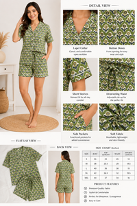 Conjunto de Pijama de Algodón para Mujer con Estampado Floral Verde, Hecho a Mano, Pantalones Cortos, Ropa de Dormir Suave para Mujer - Product Image 5