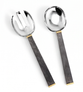 Stainless Steel Serving <b>Spoon</b> And Fork Set With Black Textured Handles And <b>Gold</b> Accents Minimalist Design For Catering Use - Product Image 1