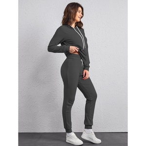 Nouvel ensemble de survêtement élégant en coton uni, couleur personnalisable, vêtements de sport pour la gym, tenue de sport pour femme - Product Image 3