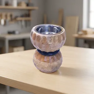 Soporte de madera tallada para quemador de incienso con forma de reloj de arena, anillo decorativo azul y copa metálica para aromas - Product Image 6