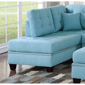 Divano Chaise Longue Reversibile Moderno con Pouf Blu, Set 3 Pezzi in Tessuto Polifibra, Arredamento Soggiorno con Dettagli Trapuntati - Product Image 6