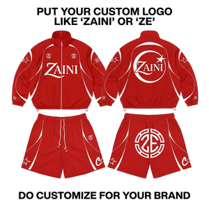 320 GSM Polyester Taslon Windbreaker Short <b>Set</b> Red White Contrast Panel Custom Sublimation Embroidery Print Logo Nylon Hooded - Product Image 1