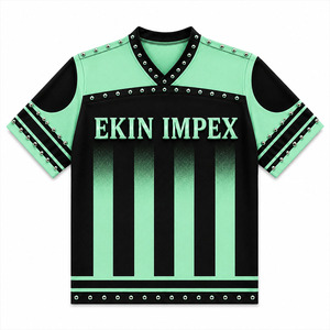 เสื้อฟุตบอลผู้ชายพรีเมียมสีเขียวมิ้นต์ดำ คอวี แขนสั้น ประดับด้วยคริสตัล พิมพ์ลายแบบซับลิเมชั่น แห้งเร็ว - Product Image 1