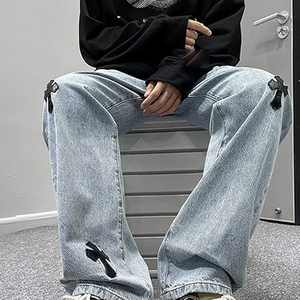 Pantalones Cargo de Mezclilla Azul Claro para Hombre, Corte Holgado, Bolsillos, Estilo Urbano, Hip Hop, Casual, Lavado Desgastado - Product Image 6