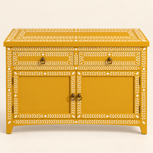 Mueble de diseño moderno con incrustaciones de hueso floral, gabinete con 2 cajones para sala de estar, mueble con incrustaciones de hueso. - Product Image 1
