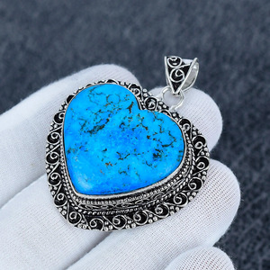 Pendentif en forme de cœur turquoise, bijoux bohèmes faits à la main en argent sterling plaqué - Product Image 2