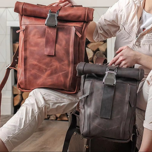 Durable Genuine <b>Leather</b> Roll Top <b>Backpack</b> Scratch Resistant Cowhide Rucksack <b>Large</b> Casual Travel Laptop Bag LRTB-0112 - Product Image 1