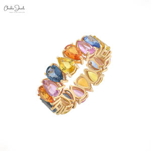 Anillo de Eternidad de Oro Amarillo Sólido de 14K con Múltiples Zafiros en Corte Pera de 6x4mm, Hecho a Mano, Apilable, para Boda, Joyería para Mujer, Venta al Por Mayor - Product Image 1