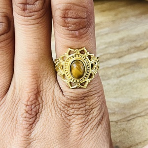 Hot Selling Flower Shape Brass <b>Ring</b> Tiger Eye Gold Plated <b>Statement</b> <b>Ring</b> Vintage Tribal Boho Floral Design Wholesale Women <b>Ring</b> - Product Image 6