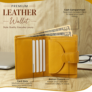 กระเป๋าสตางค์แบบพับสั้นหนังแท้สำหรับผู้ชาย WRIZA พร้อมระบบป้องกัน RFID |   สีเหลืองมัสตาร์ด พร้อมช่องใส่บัตร ช่องใส่เหรียญ และดีไซน์กะทัดรัด - Product Image 6