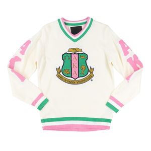 เสื้อสเวตเตอร์คอวีสีไอวอรี่ แต่งขอบสีชมพูเขียว ปักลายตราสัญลักษณ์ เสื้อถักแบบสวมหัว สไตล์ลำลองทันสมัยสำหรับผู้หญิง - Product Image 1