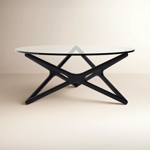 Table basse ovale moderne avec plateau en verre trempé et base en bois, design mid-century, meubles de salon - Product Image 3