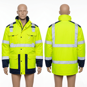 เสื้อแจ็คเก็ตนิรภัยแบบสะท้อนแสง Hi Vis 300 GSM โพลีเอสเตอร์ ผ้าอ๊อกซ์ฟอร์ด สีเหลืองนีออน สีกรมท่า พร้อมแผ่นสะท้อนแสง พิมพ์โลโก้ตามสั่ง - Product Image 1