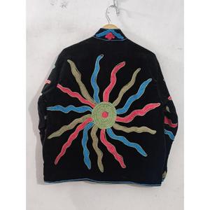 <b>Velvet</b> Mandarin Collar <b>Jacket</b> With Hand Embroidered Geometric Pattern Full Sleeve Autumn Wear <b>Women's</b> Regular Length - Product Image 2