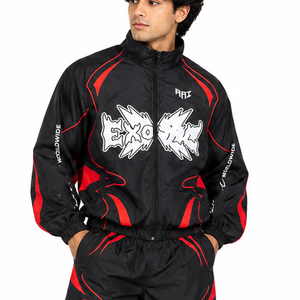 Wholesale Men Black <b>Red</b> Graphic Windbreaker Shorts Zip Track Jacket Streetwear Two Piece Custom Nylon Embroidery Jackets <b>Hoodies</b> - Product Image 5