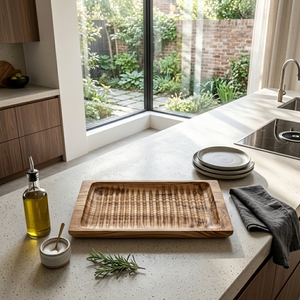 Plateau de service côtelé en bois de teck massif de qualité alimentaire, planche à pain en bois naturel, accessoires de cuisine écologiques faits à la main, ensembles de présentation - Product Image 3