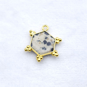 Dalmatian Jasper Hexagon Pendant 10mm Natural Gemstone <b>Charm</b> Gold Plated Bezel Connector Jewelry Making Supply - Product Image 3