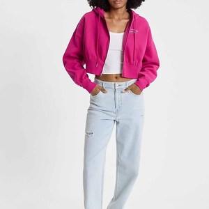 Women's Pink <b>Cropped</b> Hoodie <b>Zip</b>-<b>Up</b> Sweatshirt With Embroidered Logo Front Solid Color Full Sleeve Autumn Wear - Product Image 6