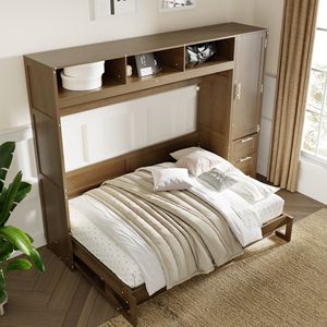 Cama Murphy de Madera Antigua de Tamaño Completo con Armario, Cajones y Estantes Abiertos - Product Image 2