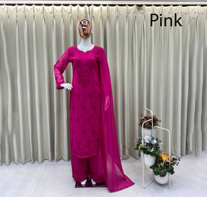 Conjunto de Salwar Kameez de Georgette Sintético Bordado Verde, Corte Holgado, Largo Midi, Tradicional Indio Pakistaní, Étnico, para Mujer, Fiesta, Invierno - Product Image 1