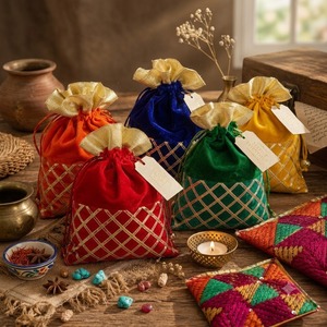 Bolsos Potli Tradicionales de Terciopelo de Seda con Trabajo Gota Patti, Patrón de Cuadrícula Cruzada Dorada, Cierre con Cordón, Año Nuevo Indio Chino - Product Image 4