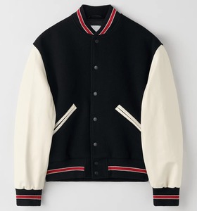 Men's Black Varsity <b>Jacket</b> With Cream PU <b>Leather</b> Sleeves Turn-down Collar Button Closure Casual Autumn Wear - Product Image 5