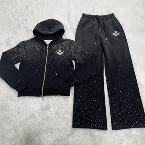 Men Customise Rhinestone <b>Hoodie</b> Jogger Set Custom Zip Up Tracksuit Cotton Fleece Streetwear OEM ODM Wholesale - Product Image 2