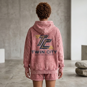 Wholesale 500GSM Cotton Fleece Boxy Fit Pullover Hoodie with Matching Shorts <b>Set</b> Vintage Wash Chest Print Streetwear Apparel - Product Image 6
