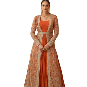Haga de su día una experiencia hermosa con nuestro traje Anarkali/Salwar de estilo Bollywood, 100% modal puro, sin costuras, bordado y largo hasta el suelo. - Product Image 1