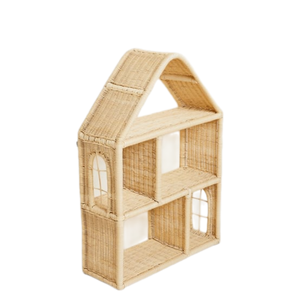 Estante de pared de ratán con forma de casa rústica natural para niños, estantería colgante tejida para decoración y almacenamiento de libros y juguetes para tiendas - Product Image 1