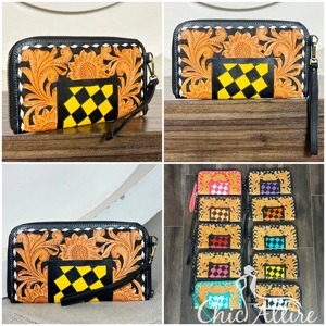Vintage Super September Genuine Hand Tooled Leather Zipper Checkered Pattern Mini Bag Luxury Flower Design for <b>Ladies</b> <b>Wallet</b> - Product Image 1