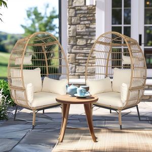 Poltrona a uovo oversize beige in vimini con supporto, cuscini per interni ed esterni, ideale per patio, portico, giardino, soggiorno o balcone - Product Image 4