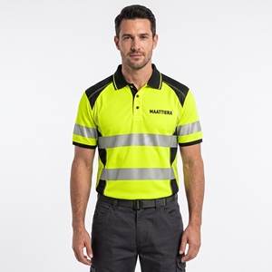 <b>Mens</b> Neon Yellow Reflective Safety <b>Polo</b> <b>Shirt</b> High Visibility Workwear Uniform <b>Black</b> Contrast Panels Custom Industrial Apparel - Product Image 1