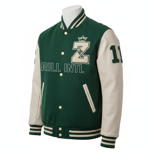 Veste varsity en laine grise pour homme avec manches en cuir marron, logo brodé A18 RILL INTL sur le devant, style preppy, vêtement d'automne - Product Image 3