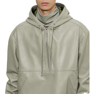 Men's Pu <b>Leather</b> Hooded Quarter-Zip Jacket Casual Loose Fit Solid Color Autumn Wear <b>leather</b> tracksuit - Product Image 5