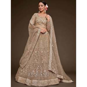 Lehenga Choli en filet brodé beige grande taille pour fiançailles - Product Image 1