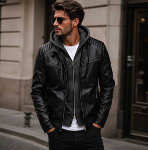 Chaqueta de Moto con Capucha de Cuero Negro para Hombre, Corte Ajustado, Resistente al Viento, Color Sólido, Bolsillo Delantero, Estilo Casual para Otoño - Product Image 1