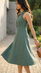 Green Sleeveless Polo Neck Midi <b>Dress</b> A-Line Woven Linen Cotton Casual Summer Breathable Solid Color Flared Hem - Product Image 3